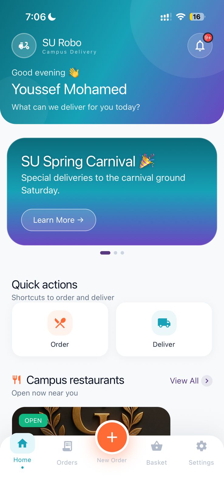 SU Robo home dashboard — browse and order